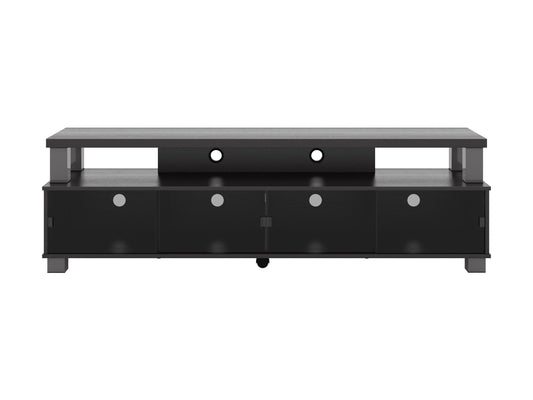 Extra wide TV stand for TVs up to 95", sleek black wood finish, open shelving, and cable management.