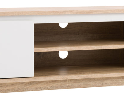 White and brown wood TV stand for TVs up to 68 inches, featuring sleek design and ample storage space.