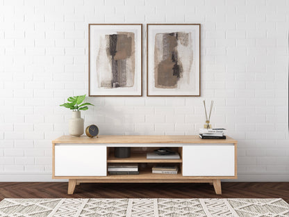 White and brown wood TV stand for 68-inch TVs, modern design with storage shelves and sliding doors.