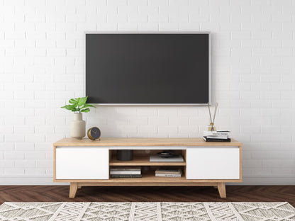 White and brown wood TV stand, fits TVs up to 68 inches, with open shelves and sleek design.