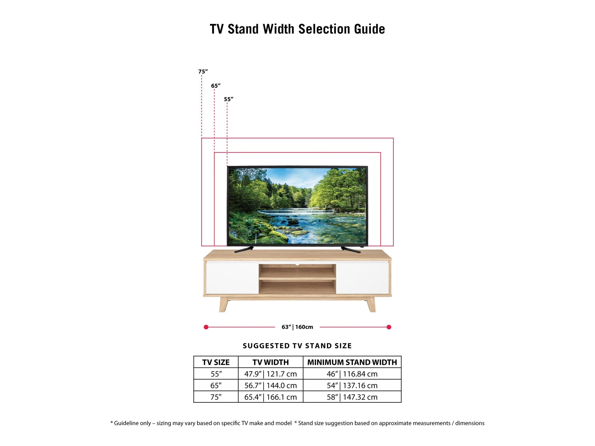 White and brown wood TV stand, fits TVs up to 68 inches, featuring sleek design and ample storage space.