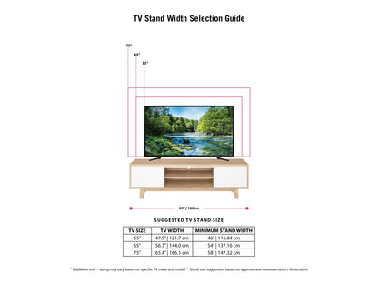 White and brown wood TV stand, fits TVs up to 68 inches, featuring sleek design and ample storage space.