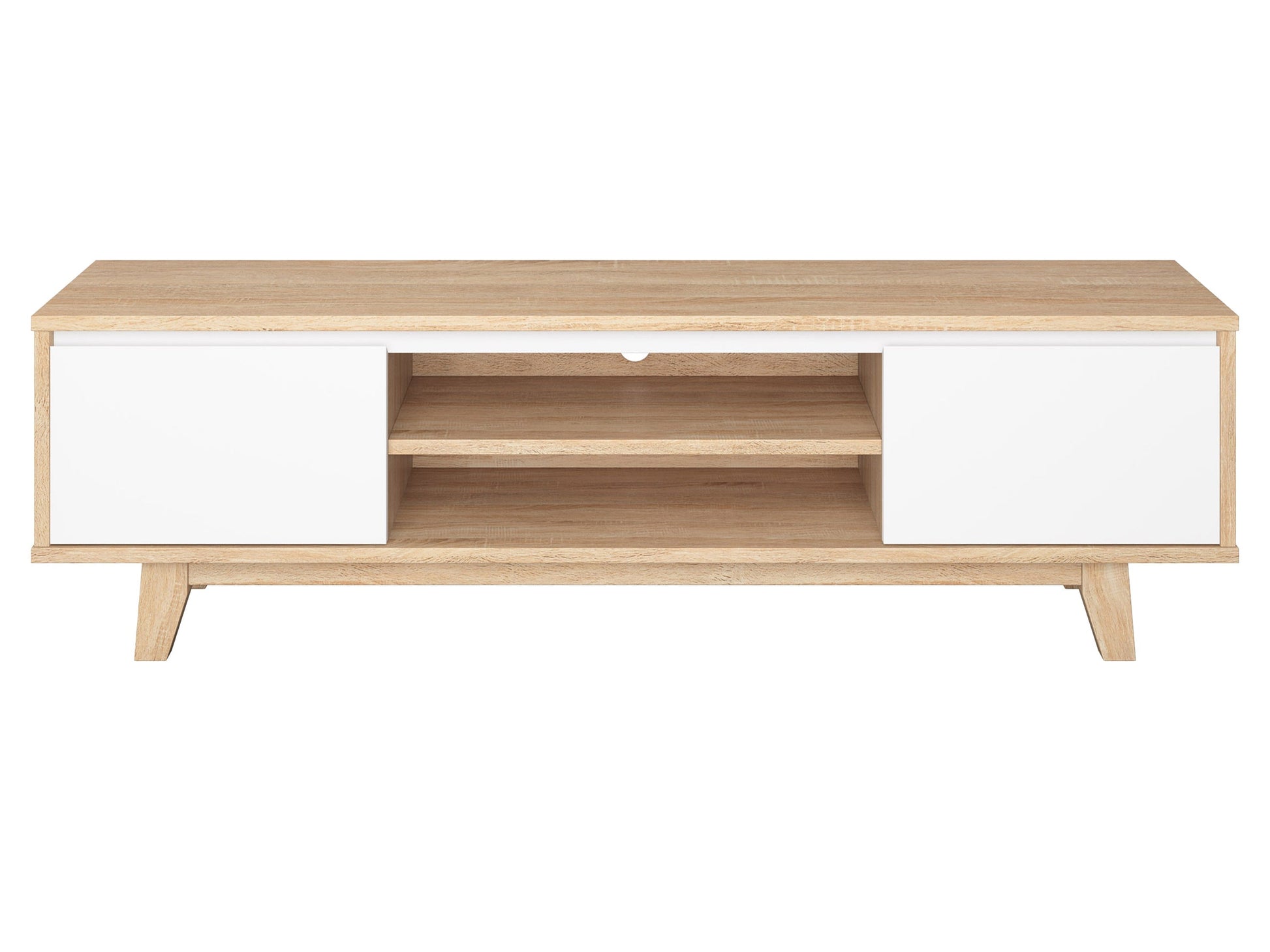 White and brown wood TV stand, fits TVs up to 68 inches, sleek design, storage shelves, modern home entertainment furniture.