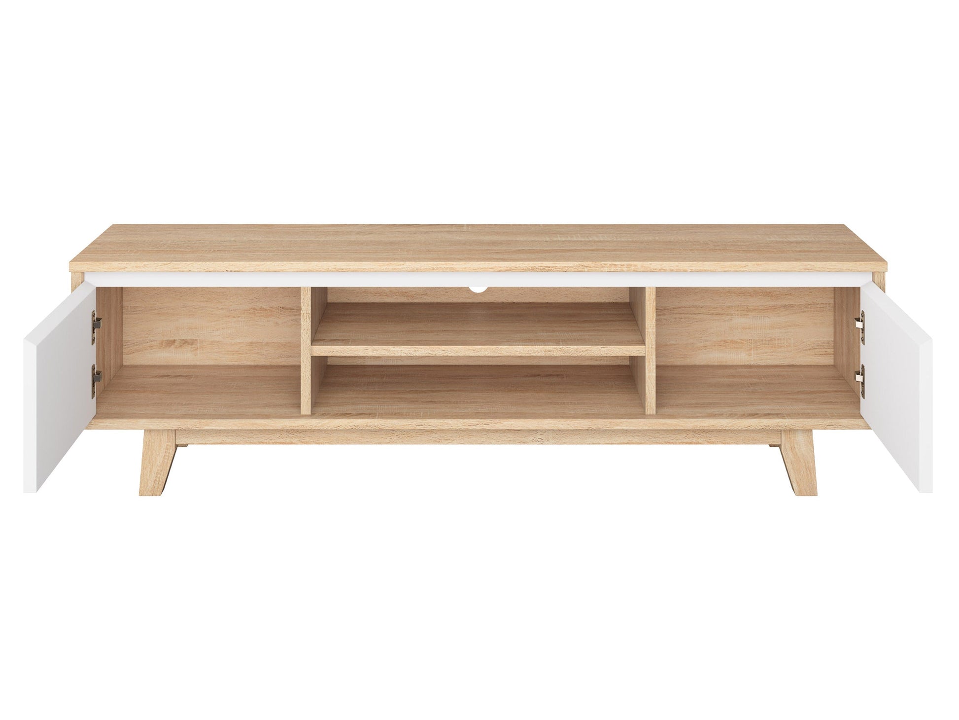 White and brown wood TV stand for TVs up to 68", featuring sleek design and ample storage.