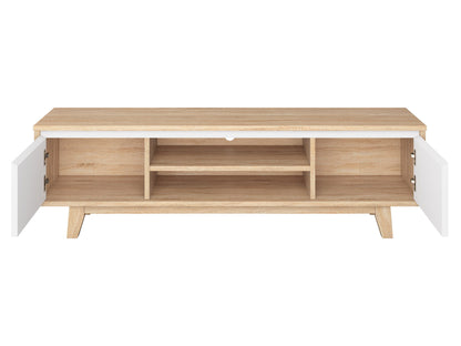 White and brown wood TV stand for TVs up to 68", featuring sleek design and ample storage.