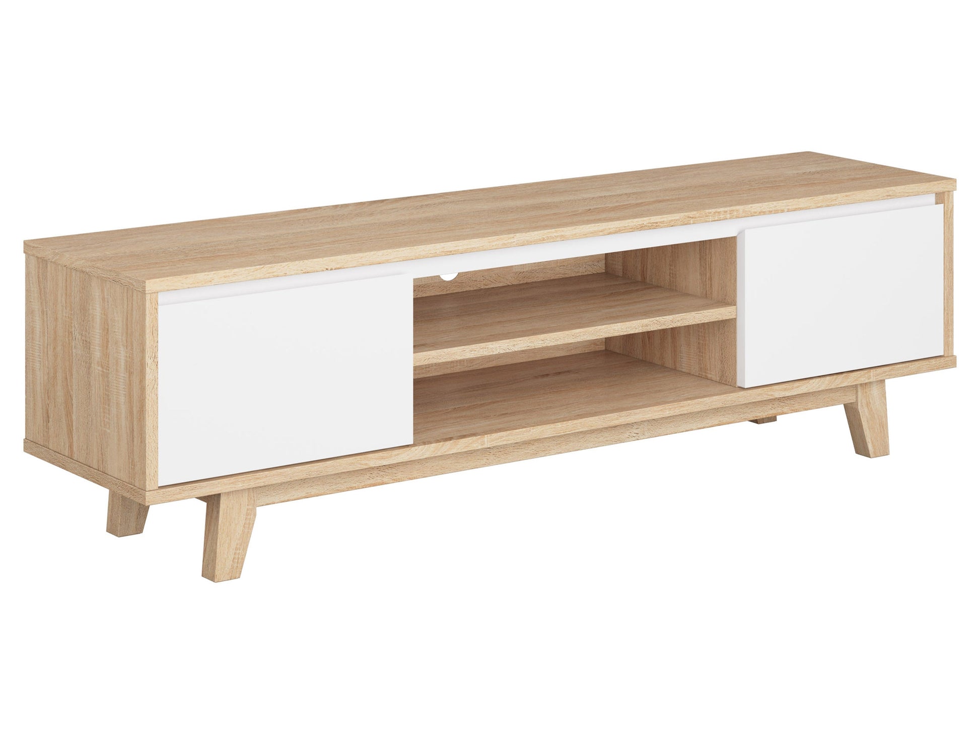 White and brown wood TV stand, fits TVs up to 68 inches, sleek minimalist design, storage shelves, modern home decor.