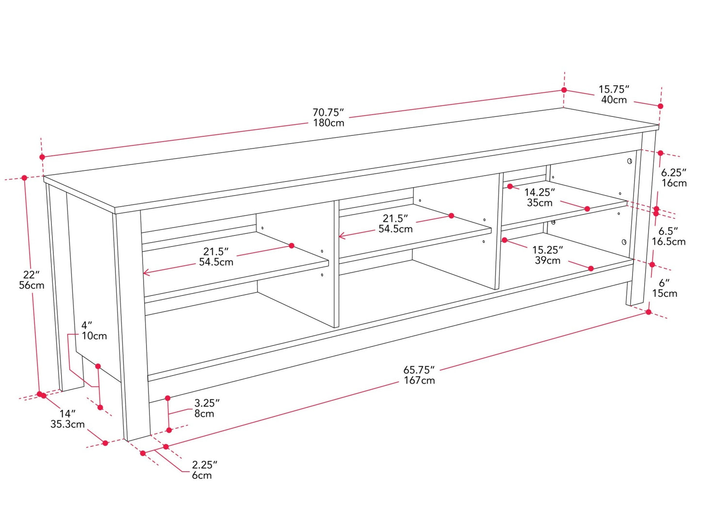 Black media console for TVs up to 85 inches with sleek metal frame and spacious storage shelves.