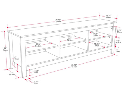 Black media console for TVs up to 85 inches with sleek metal frame and spacious storage shelves.