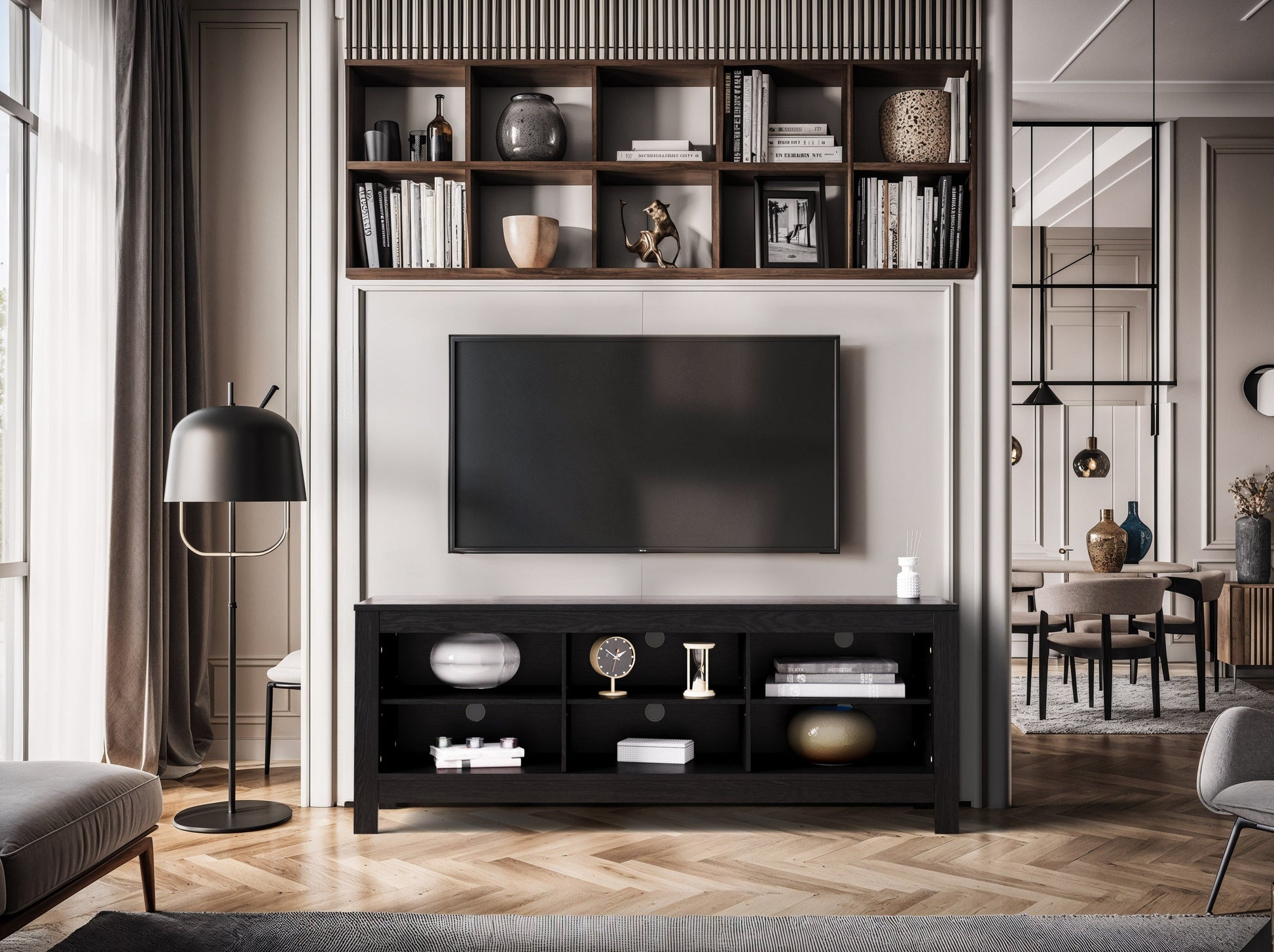 Black media console TV stand for TVs up to 85 inches, featuring sleek design, ample storage, and sturdy construction.