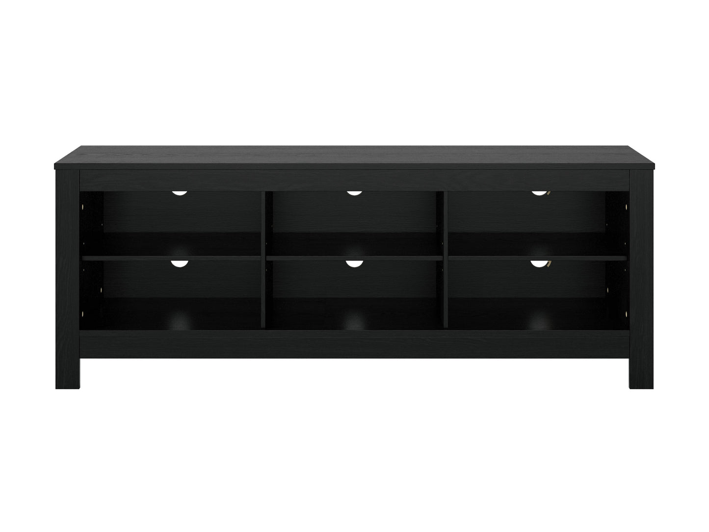 Black media console with sleek metal frame, glass shelves, and ample storage for TVs up to 85 inches.