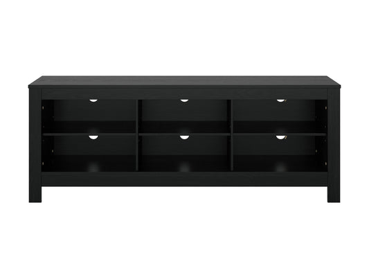 Black media console with sleek metal frame, glass shelves, and ample storage for TVs up to 85 inches.