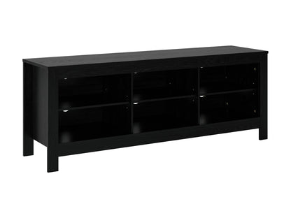 Black media console for TVs up to 85 inches with sleek design, ample storage, and modern metal legs.