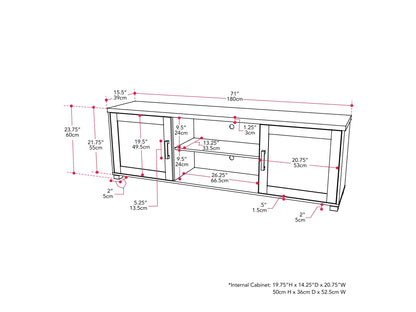 Black TV stand with doors, fits TVs up to 85 inches, sleek design, modern entertainment center, living room furniture.