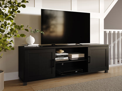 Black TV stand with doors, fits TVs up to 85 inches, sleek design, ample storage space, modern home entertainment furniture.