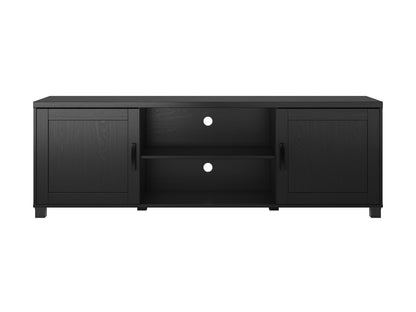 Black TV stand with doors, fits TVs up to 85 inches, sleek modern design, ample storage, durable construction.