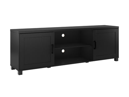 Black TV stand for 85-inch TVs, featuring cabinet doors, sleek design, and sturdy construction.