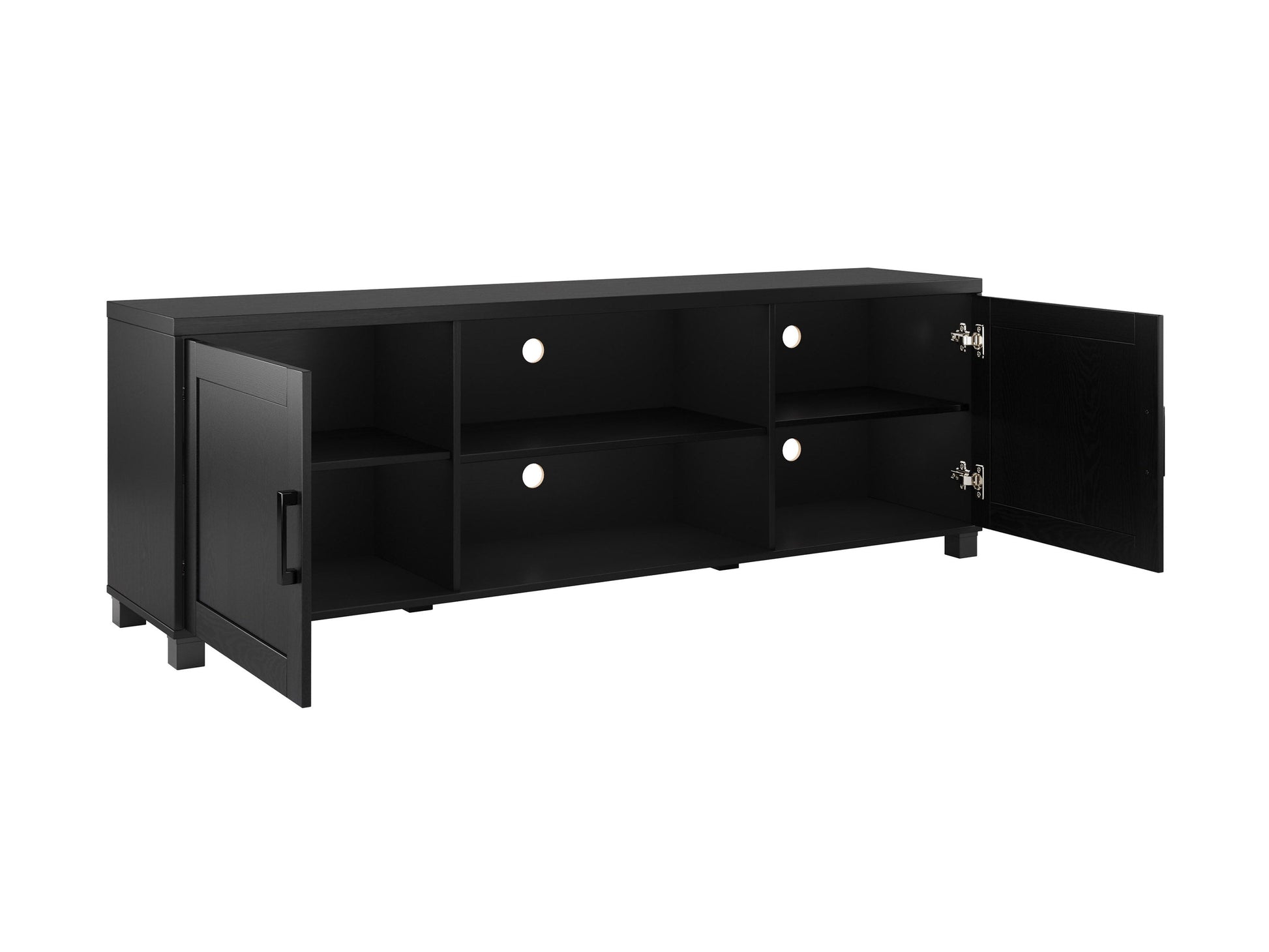 Black TV stand with doors, fits TVs up to 85 inches, sleek modern design, ample storage, and sturdy construction.