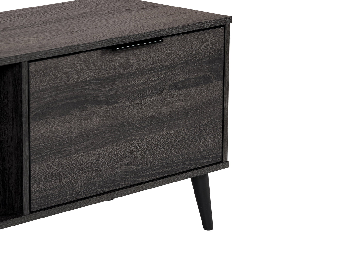 Dark grey TV stand with open and closed storage, suitable for TVs up to 85 inches, modern design.