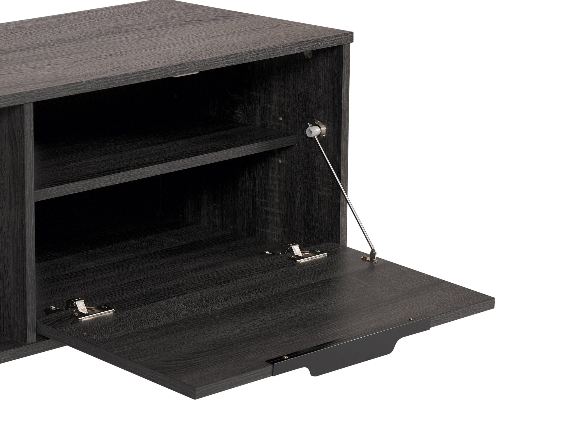 Dark grey TV stand with open and closed storage, suitable for TVs up to 85 inches.