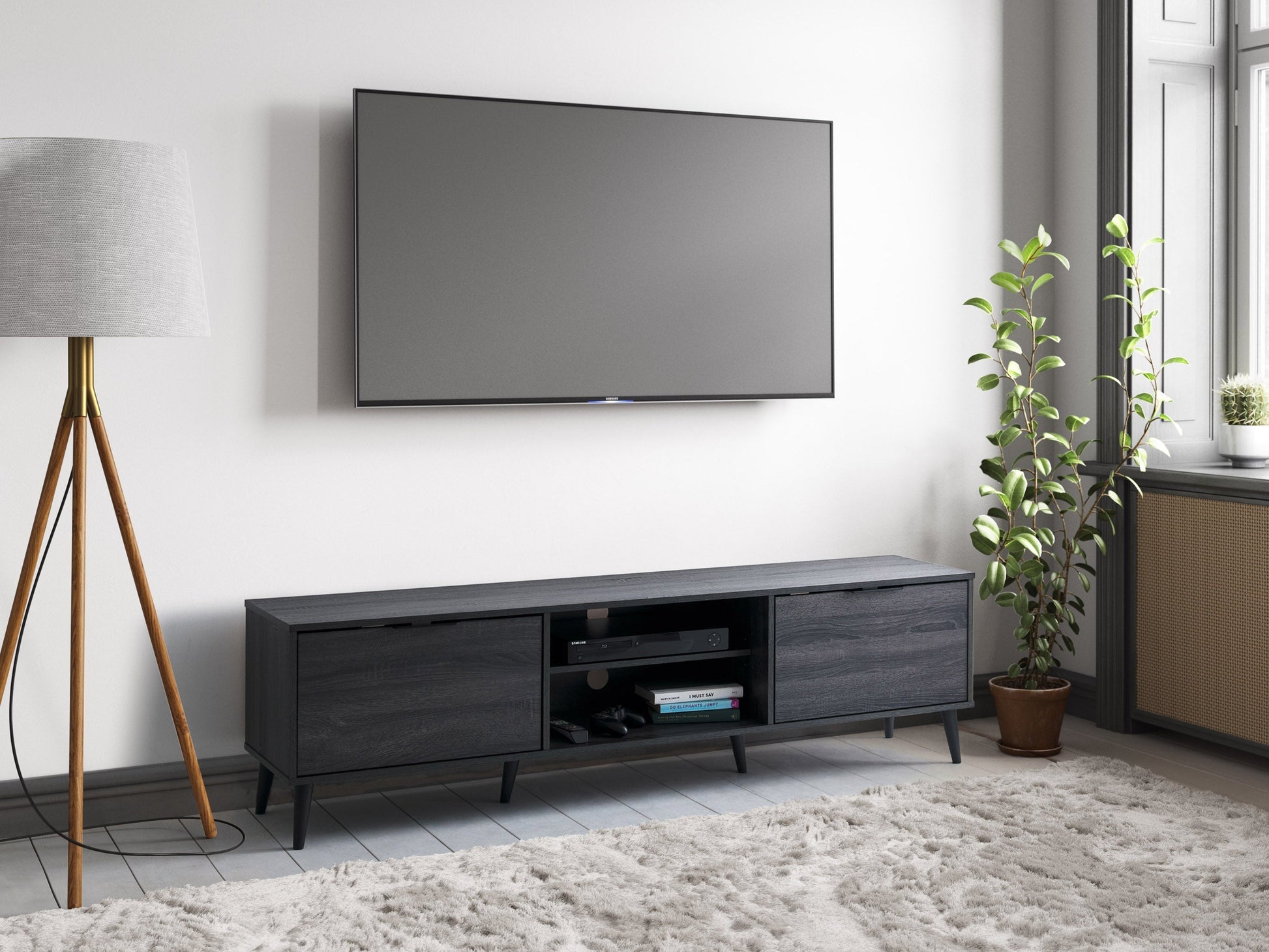 Dark grey TV bench with open and closed storage for TVs up to 85 inches, sleek design, and modern aesthetic.