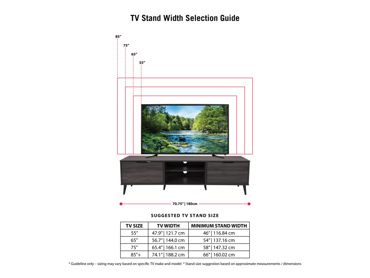 Dark grey TV stand with open and closed storage, fits TVs up to 85 inches, sleek modern design.