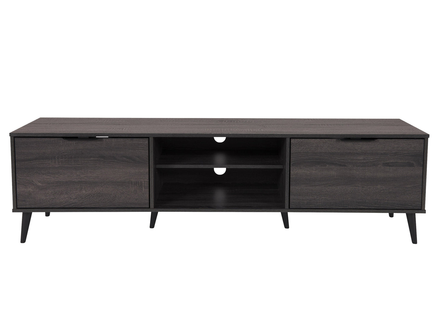 Dark grey TV stand with open and closed storage, fits TVs up to 85 inches, modern minimalist design.