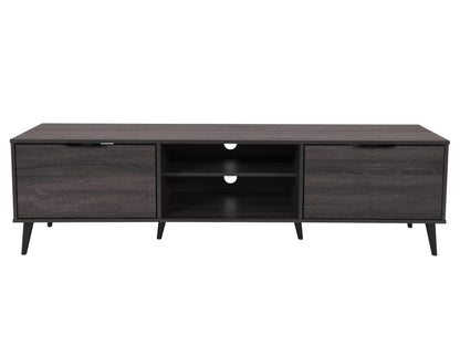 Dark grey TV stand with open and closed storage, fits TVs up to 85 inches, modern minimalist design.