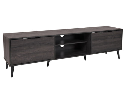 Dark grey TV stand with open and closed storage, fits TVs up to 85 inches, modern design.