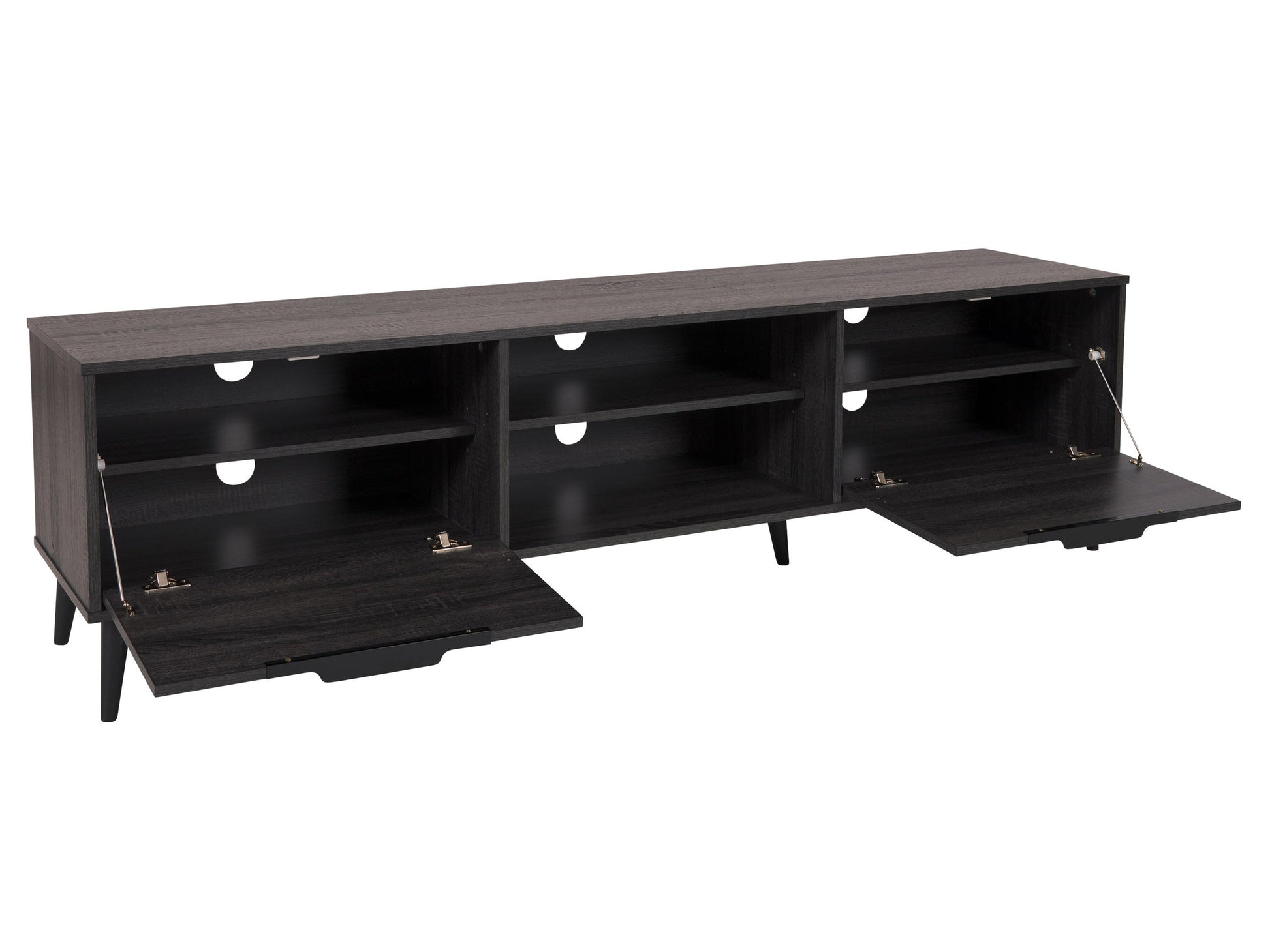 Dark grey TV bench with open and closed storage, supporting TVs up to 85 inches, sleek minimalist design.