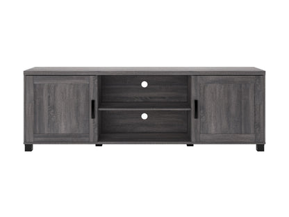 Dark grey TV stand with doors, fits TVs up to 85", sleek modern design, ample storage, sturdy construction.