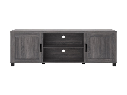 Dark grey TV stand with doors, fits TVs up to 85", sleek modern design, ample storage, sturdy construction.