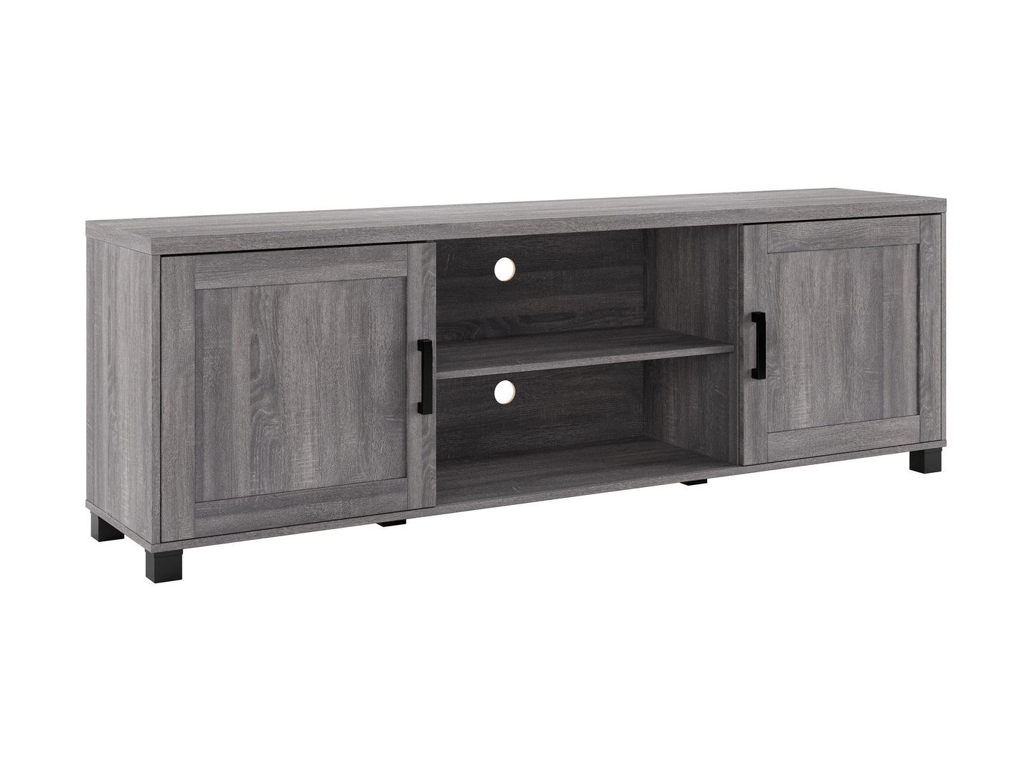 Dark grey TV stand with doors, fits TVs up to 85 inches, sleek modern design, ample storage space, durable construction.