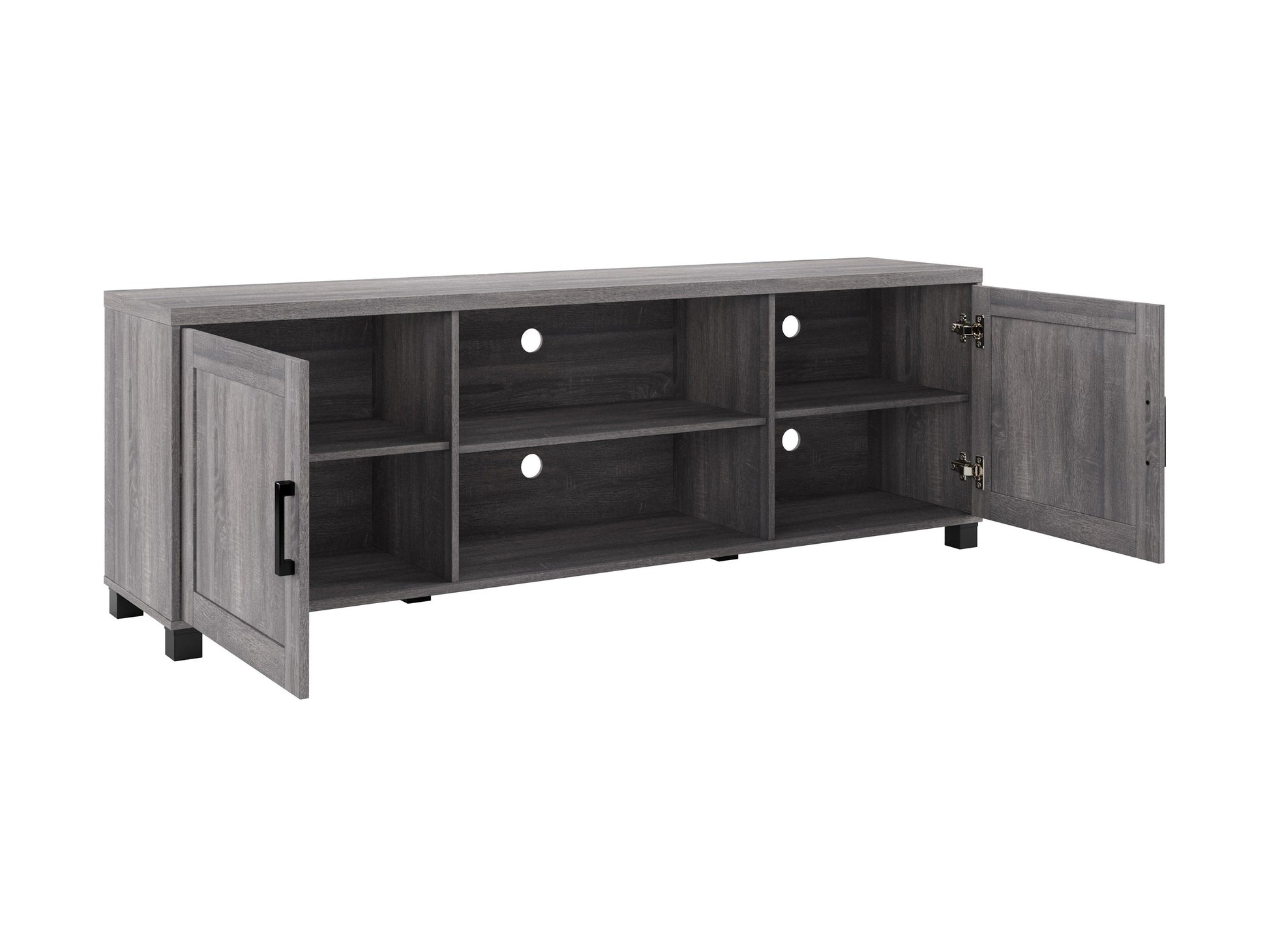 Dark grey TV stand with doors, fits TVs up to 85 inches, sleek design, ample storage, modern home entertainment furniture.