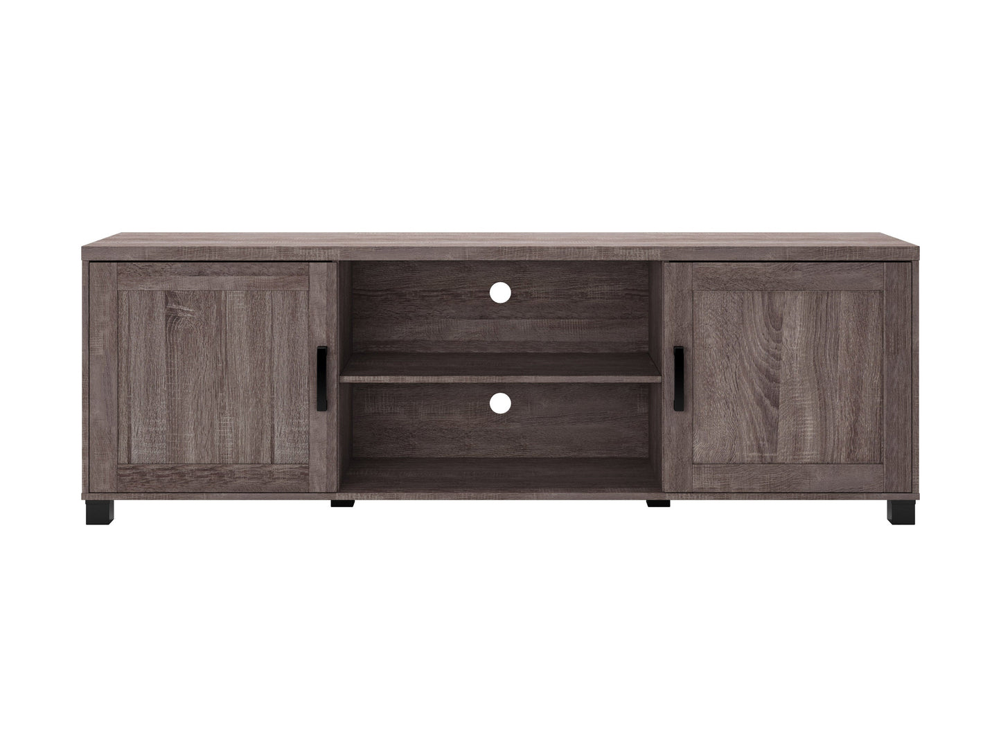 Brown wooden TV stand with doors, storage shelves, and a sleek design for TVs up to 85 inches.