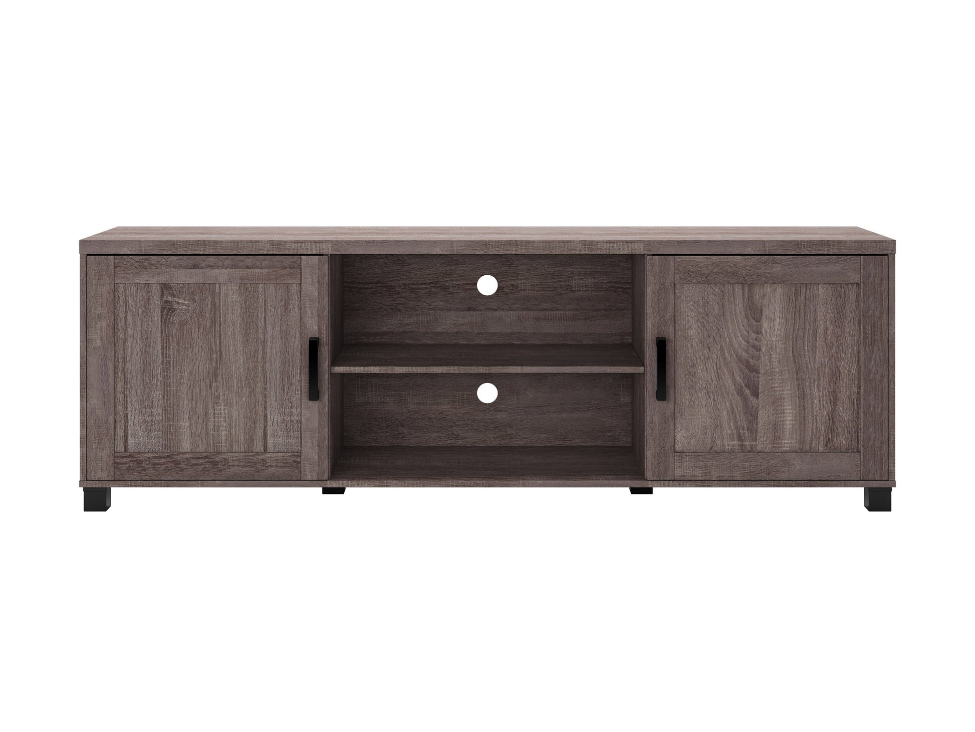 Brown wooden TV stand with doors, storage shelves, and a sleek design for TVs up to 85 inches.