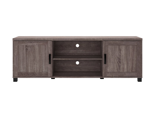 Brown wooden TV stand with doors, storage shelves, and a sleek design for TVs up to 85 inches.