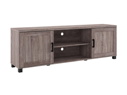 Brown TV stand for up to 85" TVs with doors, modern design, wood finish, and ample storage space.