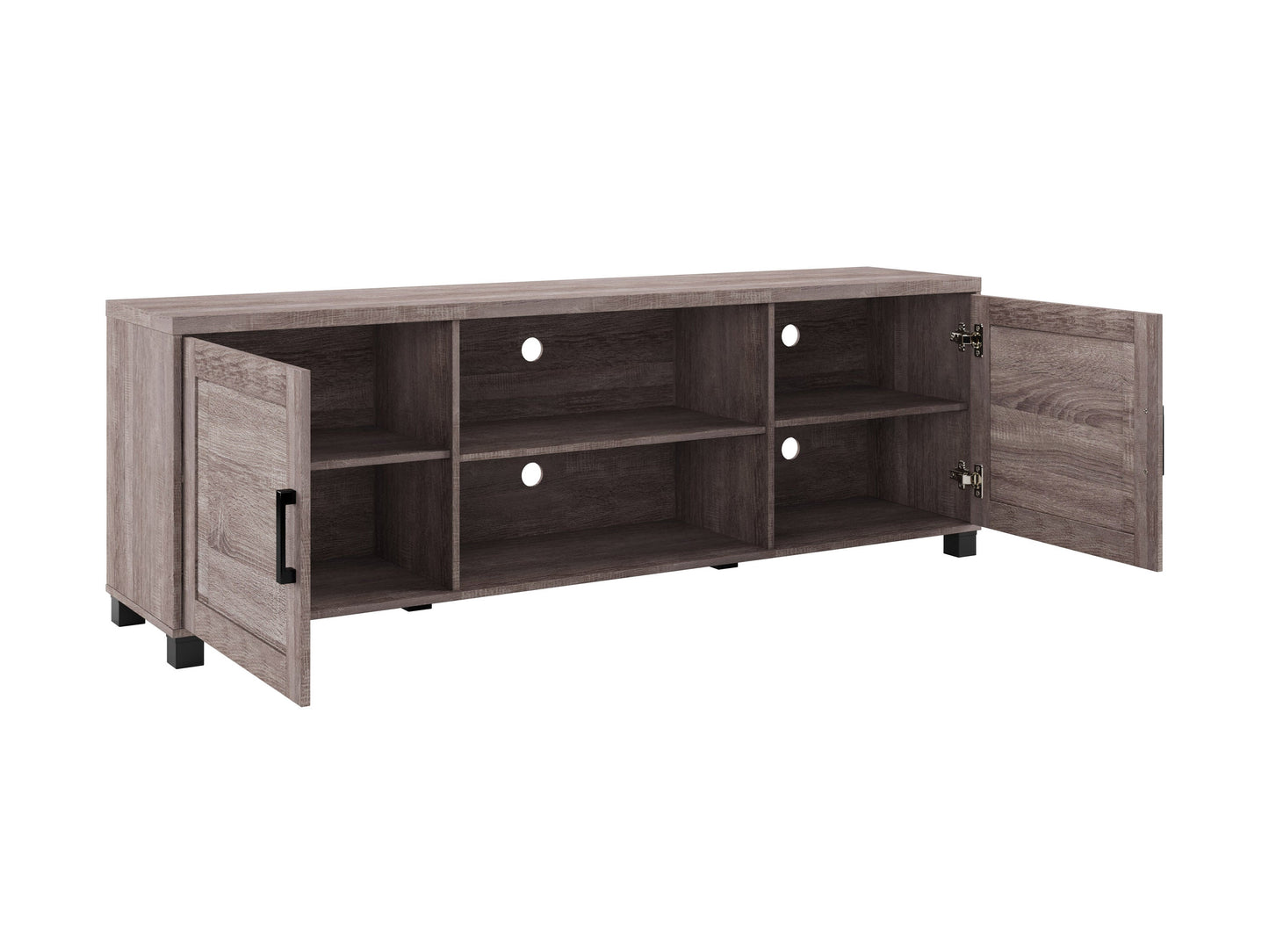 Brown wooden TV stand with doors, fits TVs up to 85", modern design, ample storage, sleek and functional.