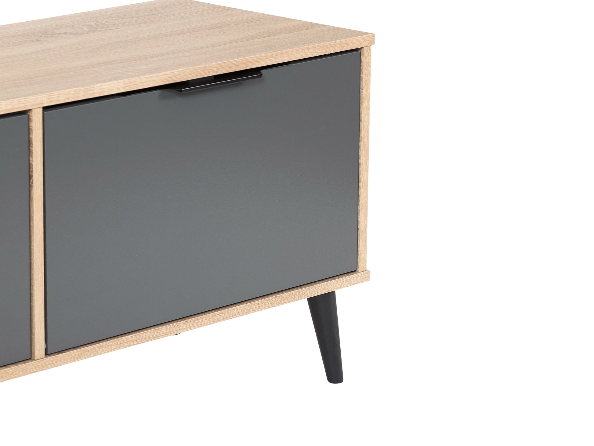 Light wood and grey TV stand for up to 85" TVs, featuring cabinet storage and modern design.