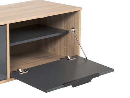 Light wood and grey TV stand with cabinet storage, fits TVs up to 85 inches, modern design with sleek lines and ample storage.