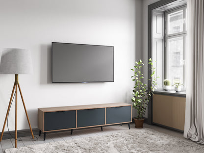 Light wood TV stand with grey cabinet storage, fits TVs up to 85 inches, modern design.