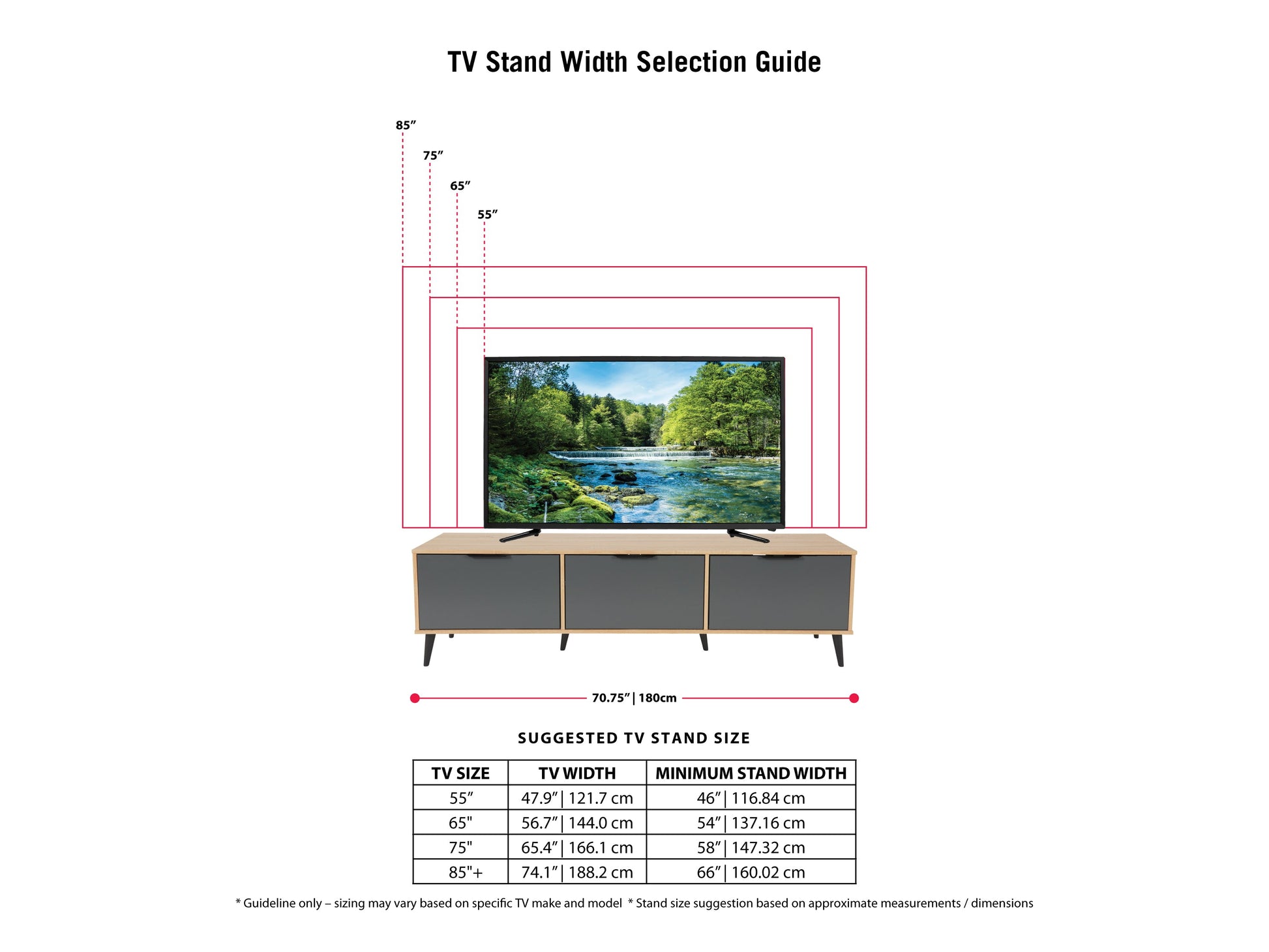 Light wood TV stand with grey cabinet storage for TVs up to 85 inches, minimalist design, and sleek finish.