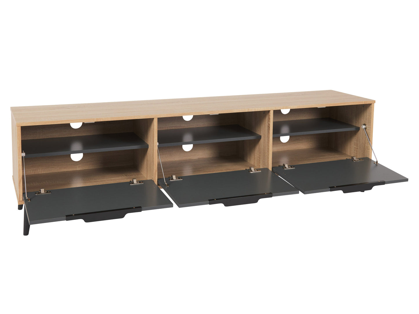 Light wood and grey TV stand with cabinet storage, fits TVs up to 85 inches, modern minimalist design.