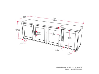 Black TV stand with doors, fits TVs up to 85 inches, sleek modern design, ample storage, sturdy construction.