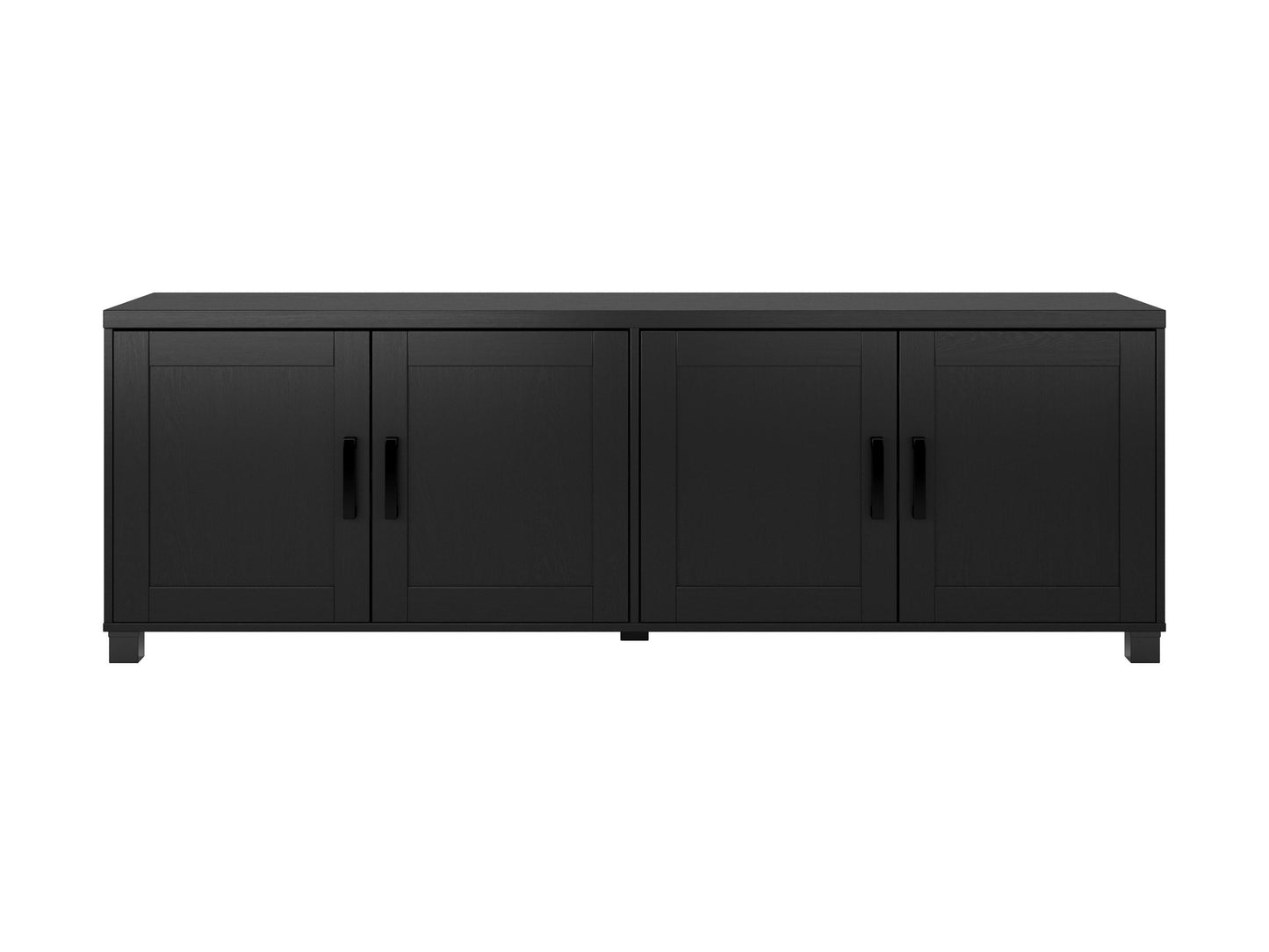 Black TV stand for TVs up to 85", featuring sleek doors, modern design, and ample storage space.