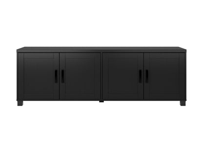 Black TV stand for TVs up to 85", featuring sleek doors, modern design, and ample storage space.