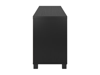 Black TV stand with doors for TVs up to 85 inches, sleek design, ample storage, and durable construction.