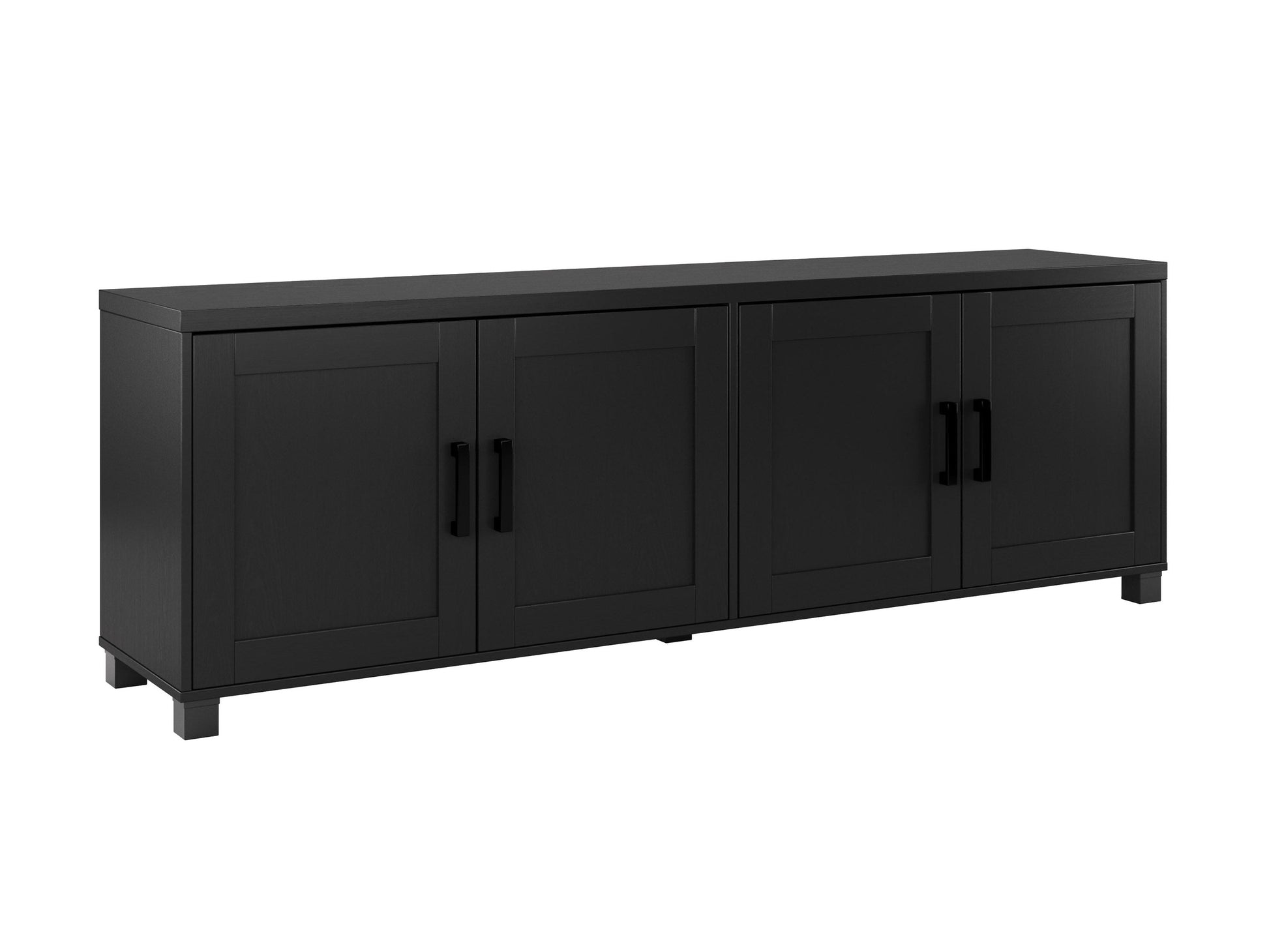 Black TV stand with doors, fits up to 85-inch TVs, sleek design, ample storage, modern home entertainment furniture.