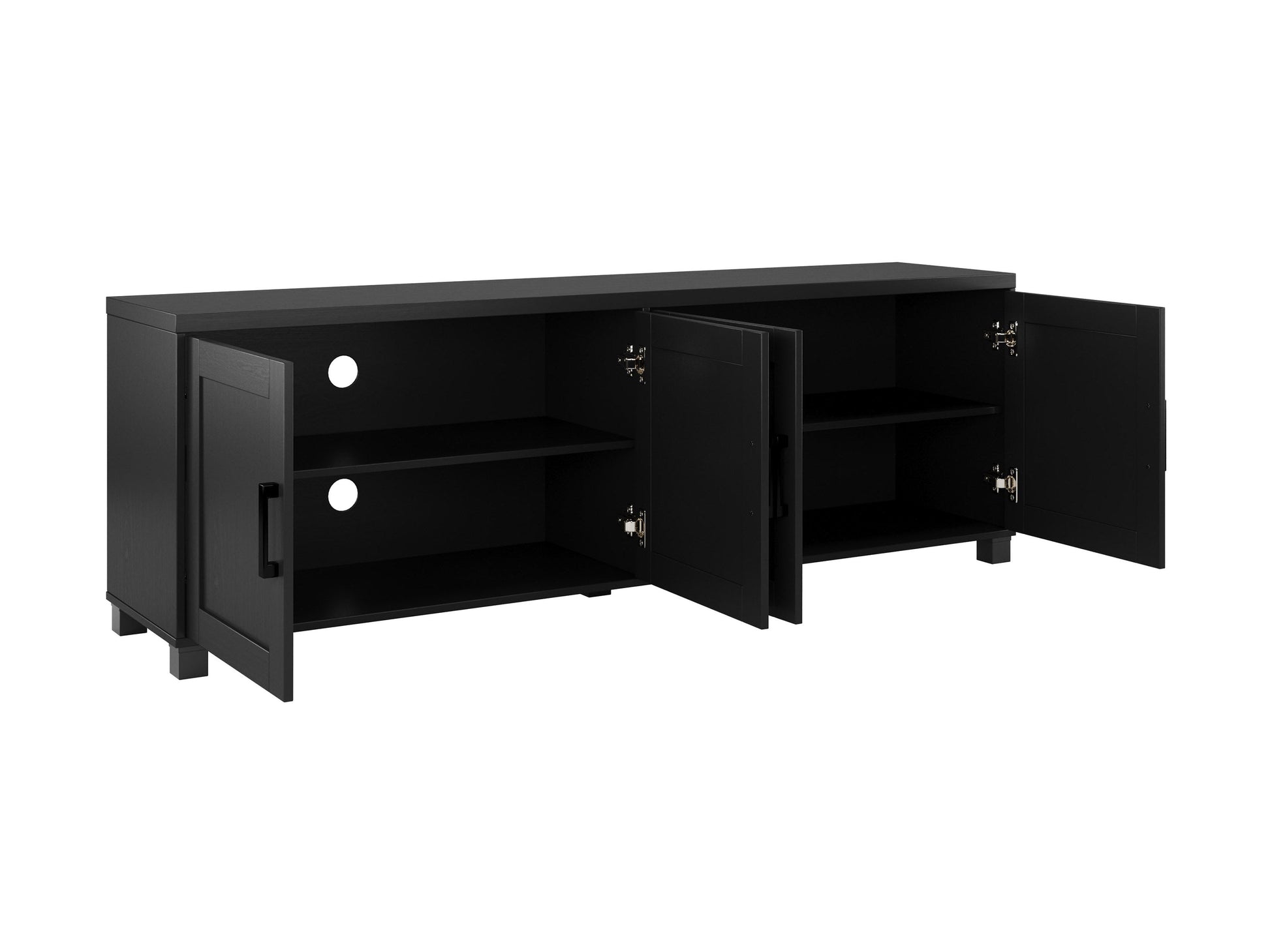 Black TV stand with doors, fits TVs up to 85 inches, sleek design, and ample storage space.