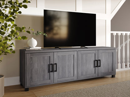 Dark grey TV stand with doors, fits TVs up to 85 inches, sleek design, ample storage, modern home furniture.